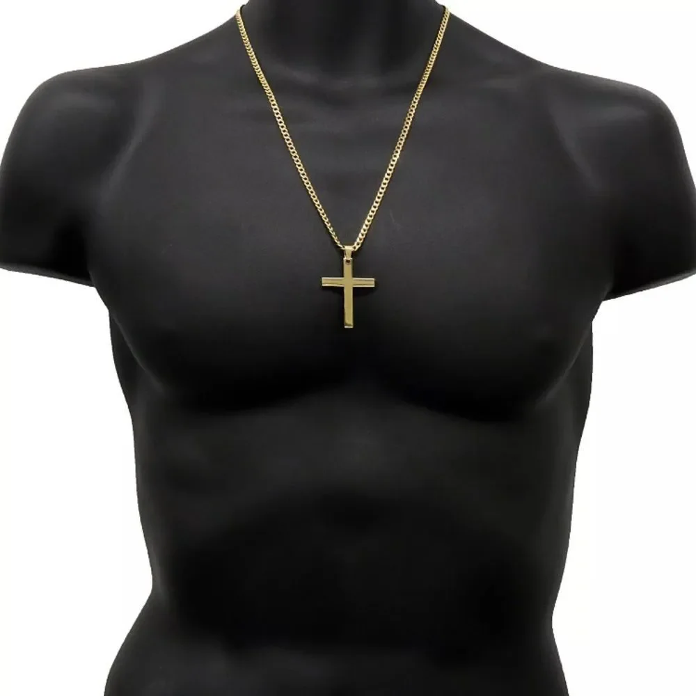 Gold Plated Cross On 24" Cuban Necklace - Picture 3 of 4